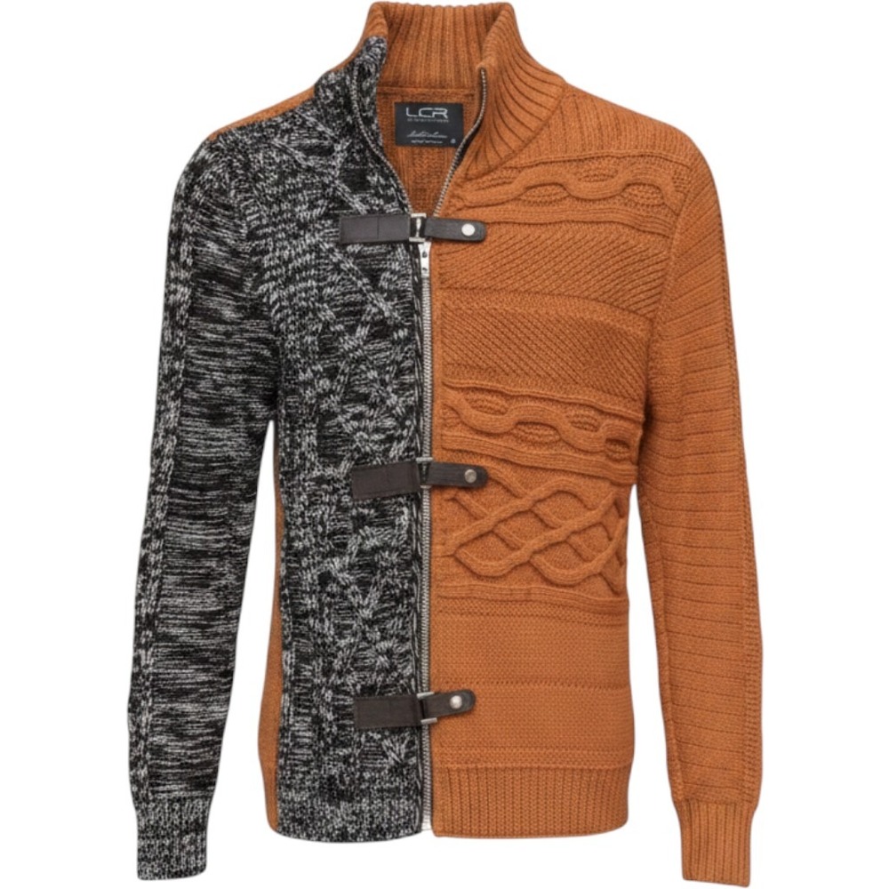 LCR Black Collection Mens Full Zip Cable Knit Sweater Buckle Straps Brown Blk M
